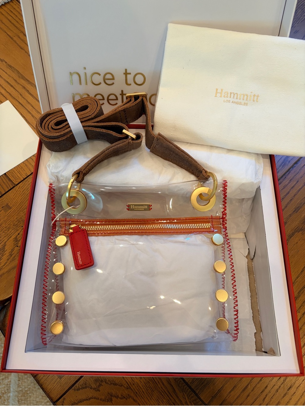 NWT HAMMITT TONY CLEAR SML BAG. COLOR CLEAR/RED/BROWN/BRUSHED GOLD HARDWARE - Picture 10 of 16